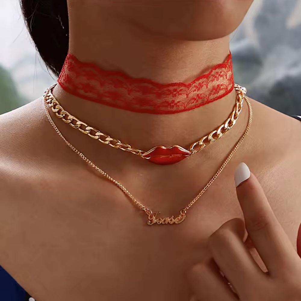 Red Lace and Gold Lip Layered Choker Necklace